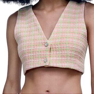 ZARA Tweed Crop Top Pink & Green Vest Jewel Buttons Size S • BLOGGER FAVORITE •